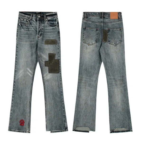 Design Distressed Patchwork Flared Jeans Black - 8