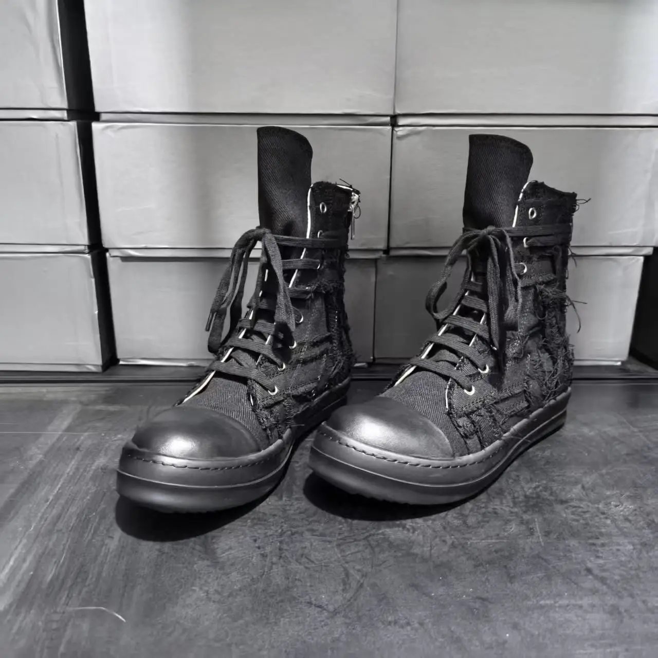 Rick Owens DRKSHDW Deconstructed Canvas High-Top Boots Black - 11