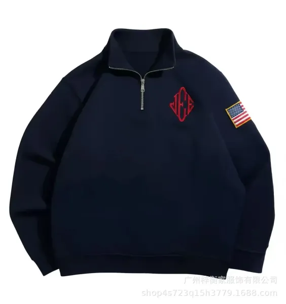 Design Half-Zip Sweatshirt White with Monogram and Flag Patch Hoodie - 7