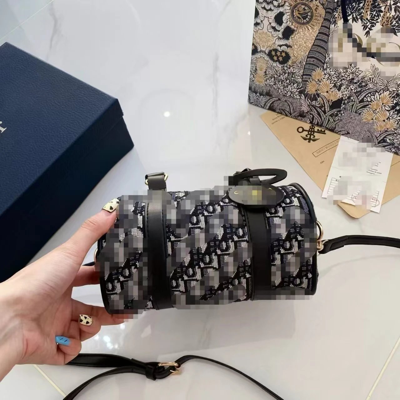 Dior Book Tote Mini Oblique Print Black and White Handbag - 7