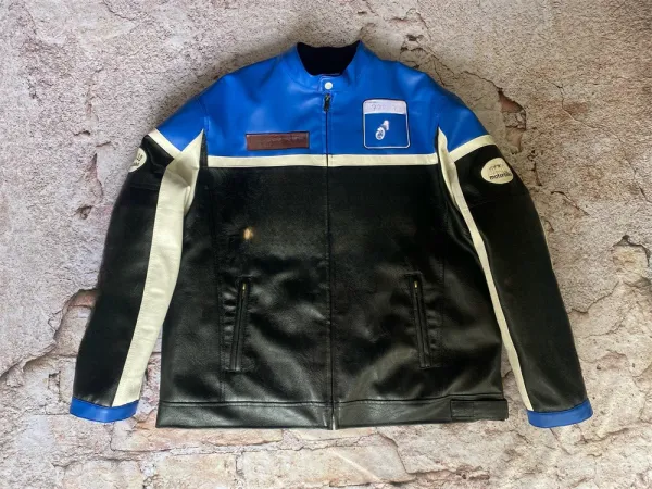 Design Motorola Leather Racing Jacket Blue Black Beige Leather Jacket - 1