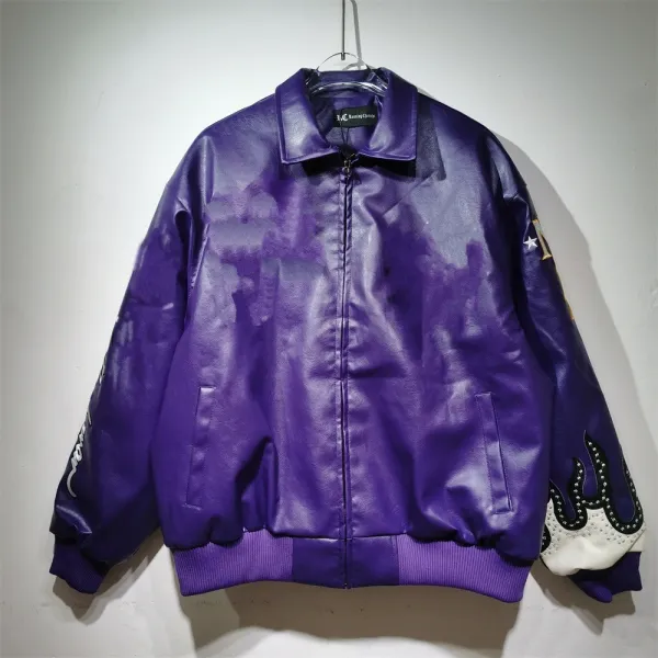 A Bathing Ape Purple Leather Bomber Jacket with Flame Embroidery - 1