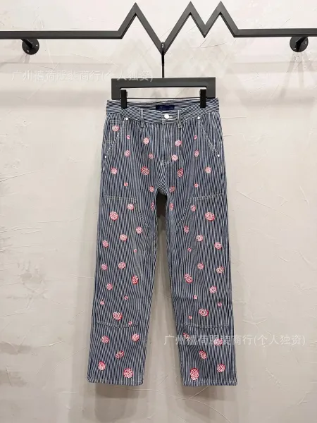 Design Striped Workwear Pants with Embroidered Floral Motifs Navy Blue - 1