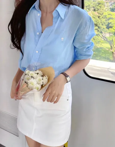 Design Linen Shirt Mint Green Oversized Button-Up Shirt Tops Shirt - 7