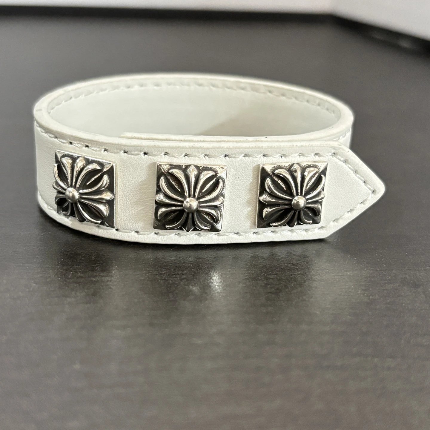 Chrome Hearts Three Black Leather Cuff Bracelet Jewelry - 4