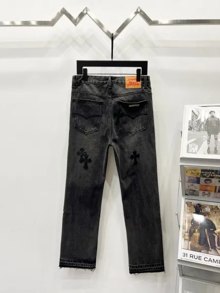Chrome Hearts Pink Cross Embroidered Black Straight-Leg Jeans - 12