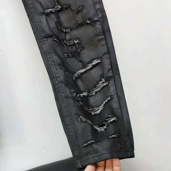 Design Distressed Black Leather-Look Jeans - 5
