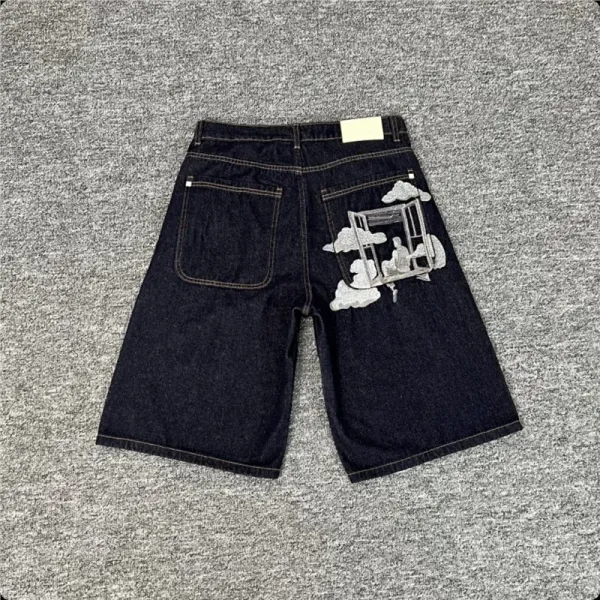 Design Denim Shorts with Cloud Window Embroidery Dark Indigo Jeans - 1