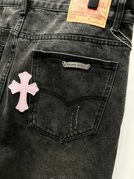 Chrome Hearts Pink Cross Embroidered Black Straight-Leg Jeans - 21