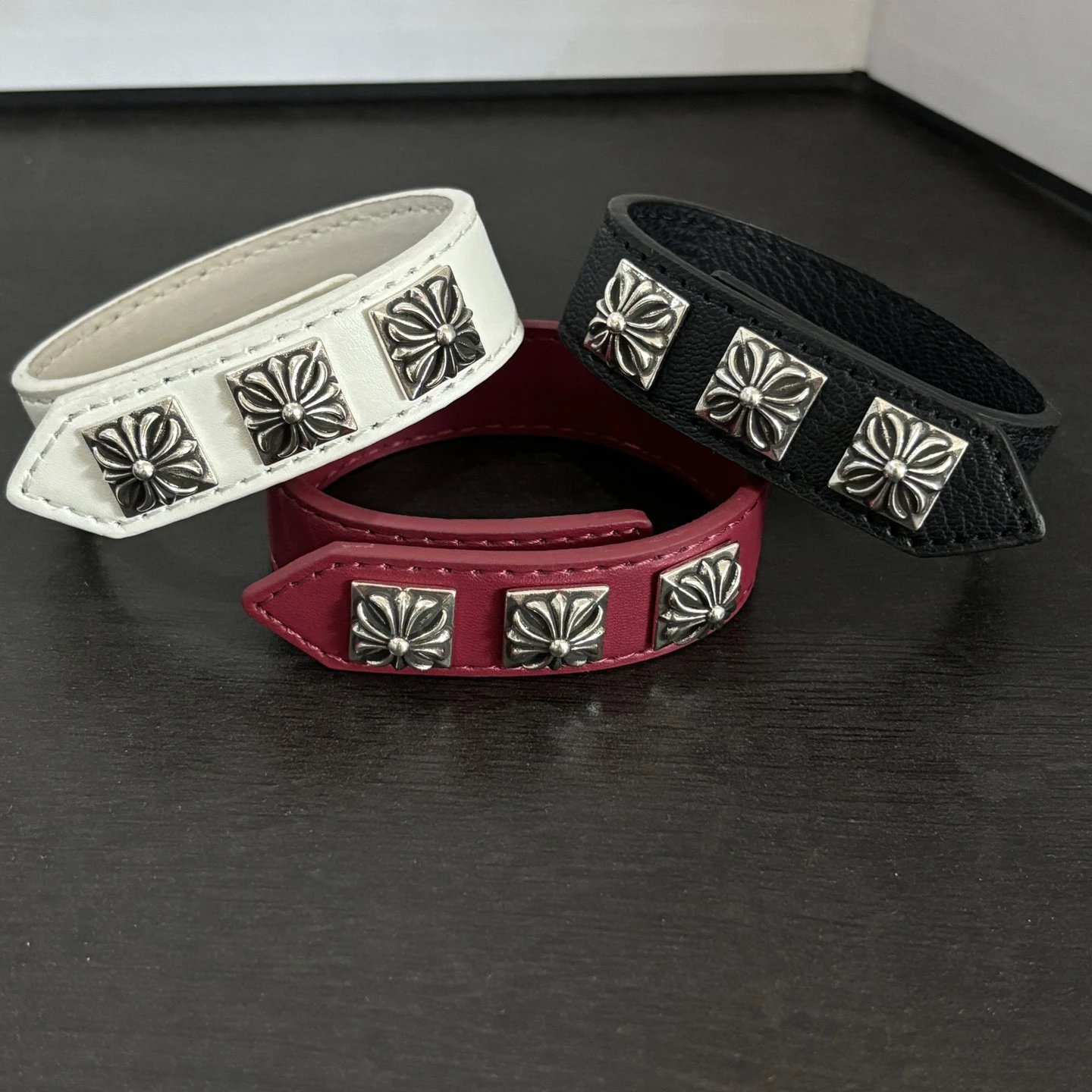 Chrome Hearts Three Black Leather Cuff Bracelet Jewelry - 5