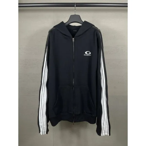 Balenciaga Logo Hoodie Black with White Stripe Sleeves - 1