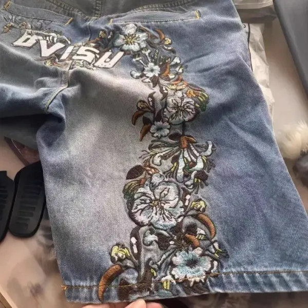 Evisu Floral Embroidered Denim Shorts Light Wash - 1