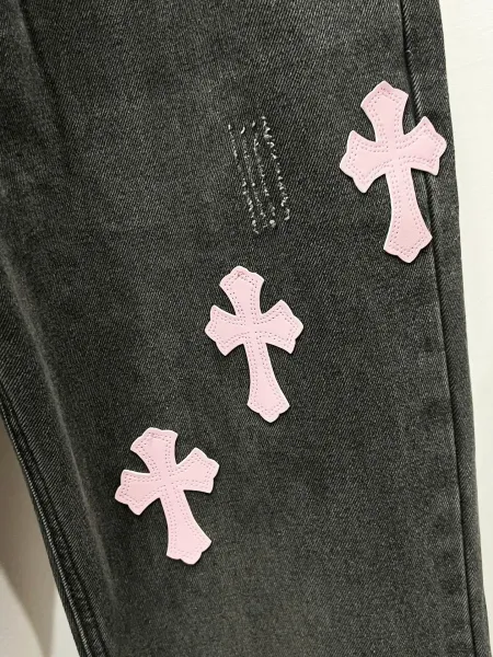 Chrome Hearts Pink Cross Embroidered Black Straight-Leg Jeans - 19