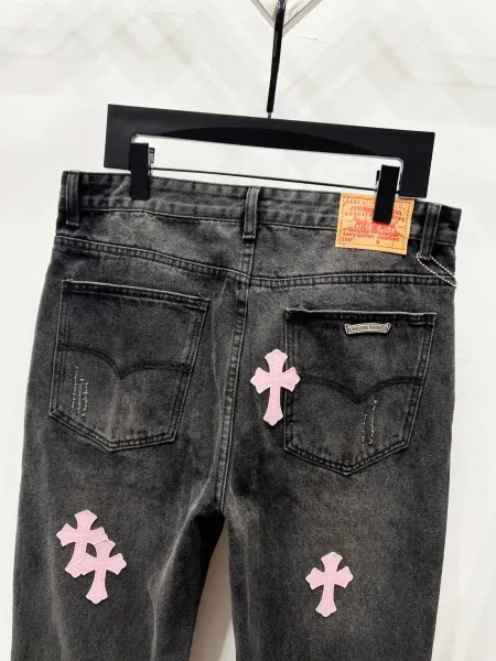 Chrome Hearts Pink Cross Embroidered Black Straight-Leg Jeans - 20