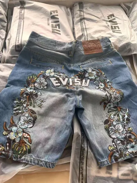 Evisu Floral Embroidered Denim Shorts Light Wash - 4