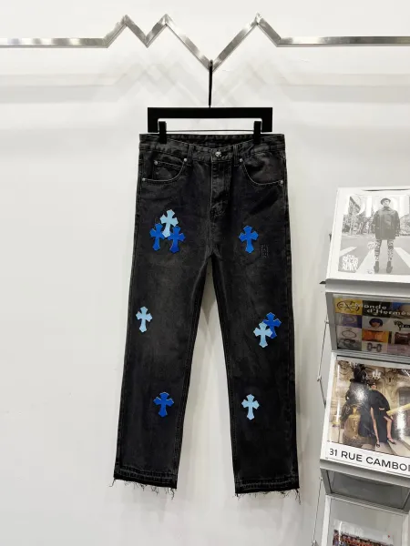 Chrome Hearts Pink Cross Embroidered Black Straight-Leg Jeans - 22