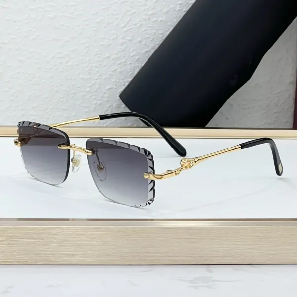 Design Rimless Gradient Gray Sunglasses with Gold Panther Temple Detail Eyewear - 1