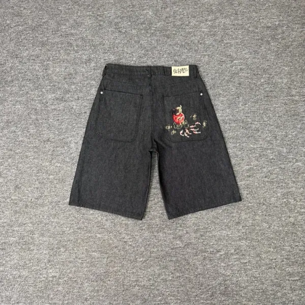 Design Denim Shorts with Embroidered Motif Black Shorts - 9