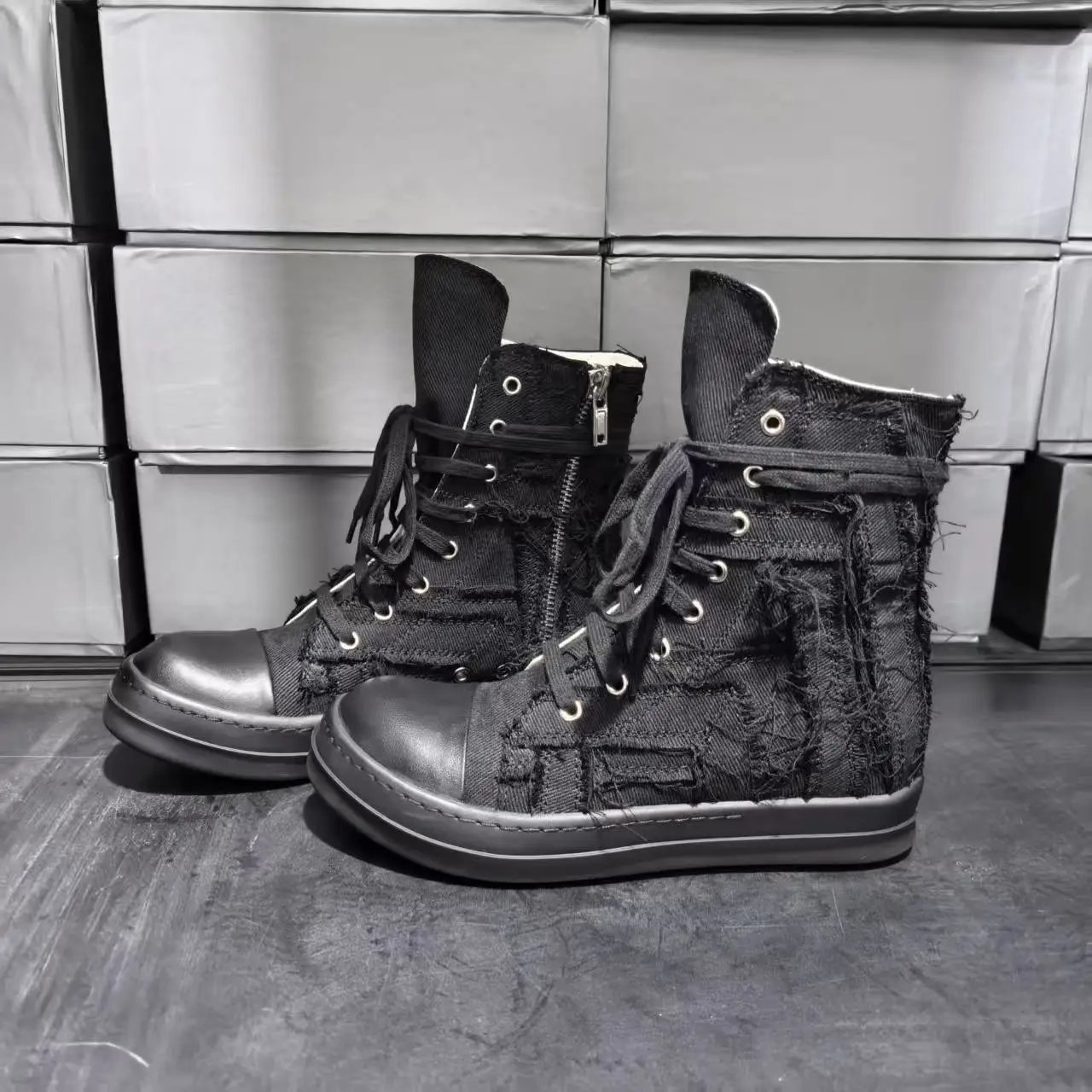 Rick Owens DRKSHDW Deconstructed Canvas High-Top Boots Black - 10