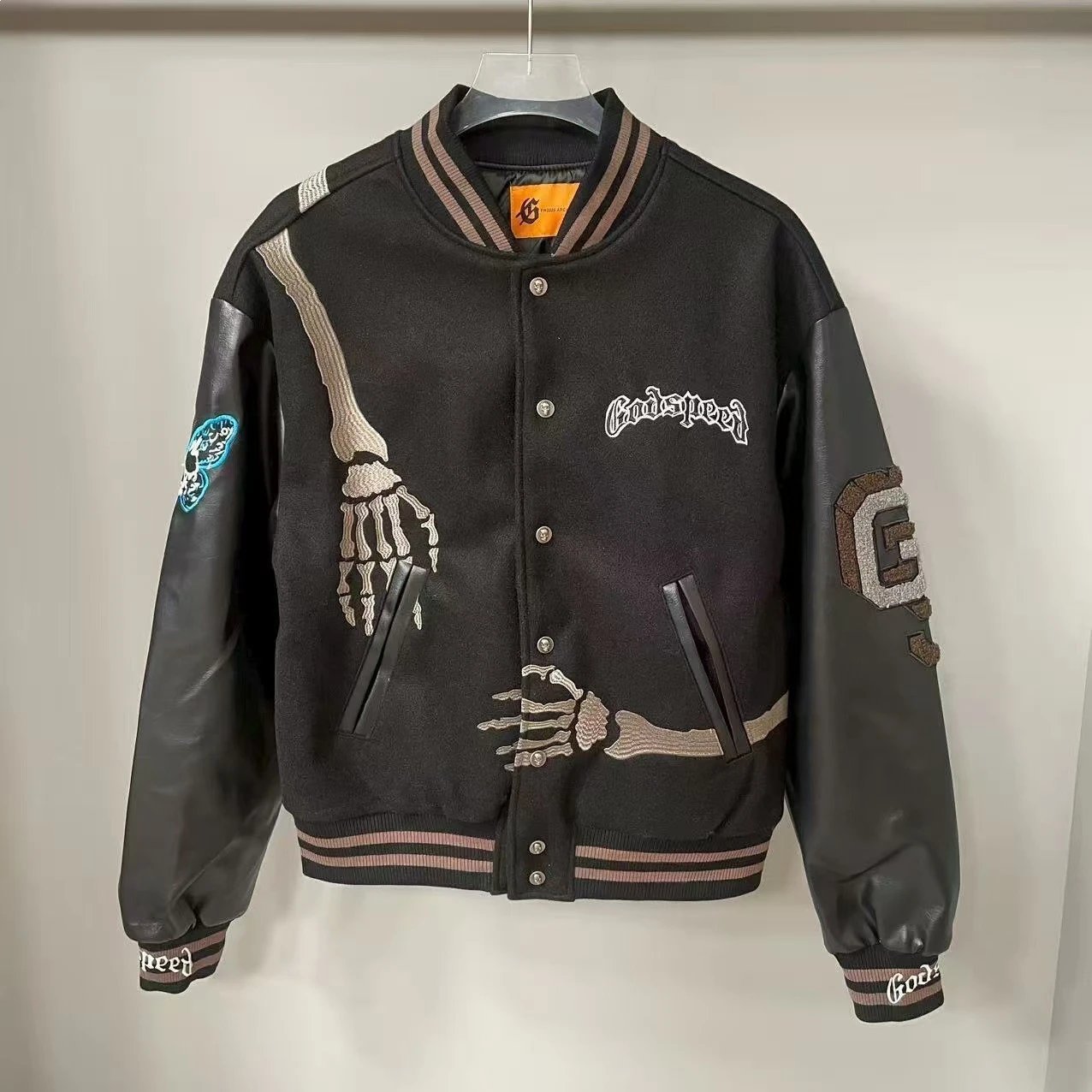 Godspeed Skeleton Embroidered Varsity Jacket Black