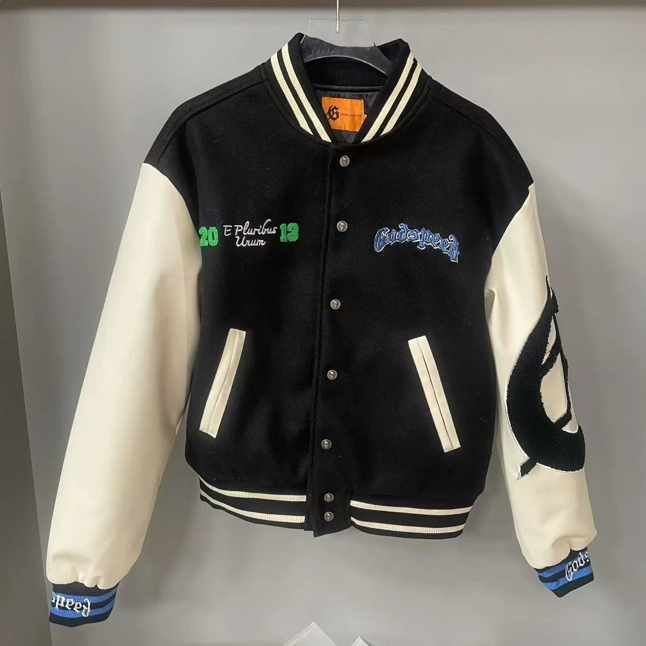 Godspeed Varsity Jacket Black and Cream Embroidered Letterman Jacket Outerwear Jacket - 10