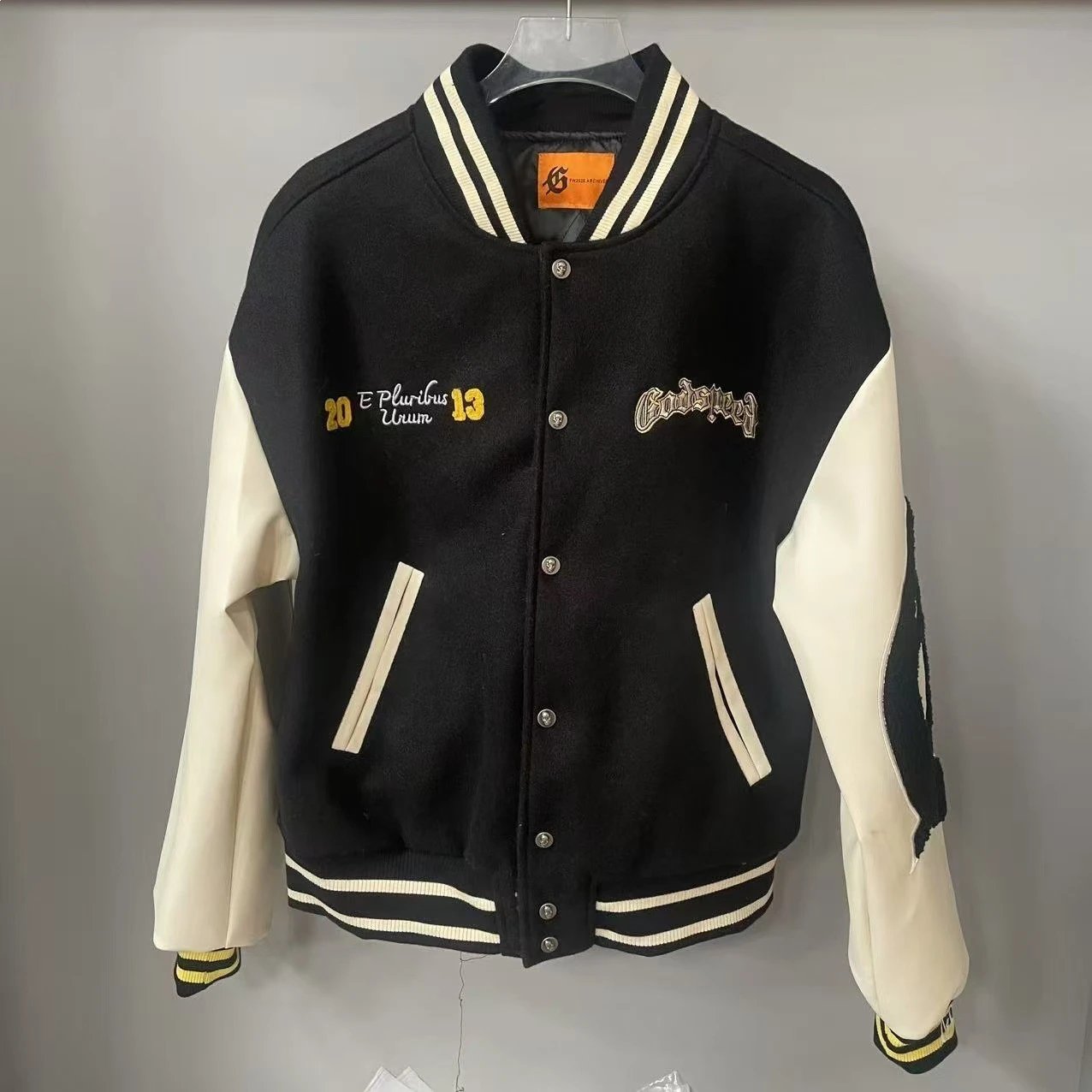 Godspeed Varsity Jacket Black and Cream Embroidered Letterman Jacket Outerwear Jacket - 11