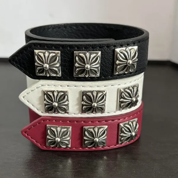 Chrome Hearts Three Black Leather Cuff Bracelet Jewelry - 2