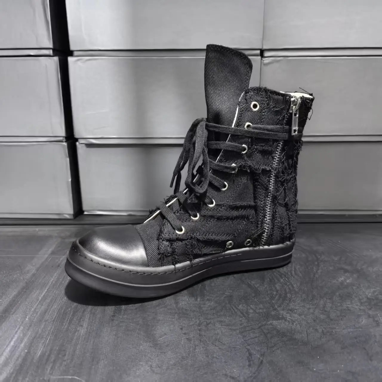 Rick Owens DRKSHDW Deconstructed Canvas High-Top Boots Black - 12