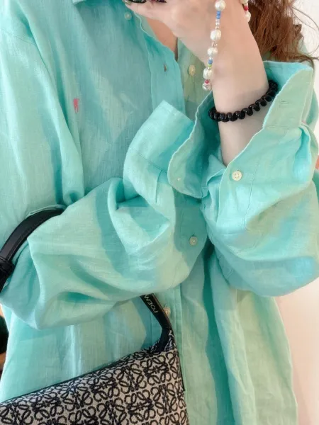 Design Linen Shirt Mint Green Oversized Button-Up Shirt Tops Shirt - 16