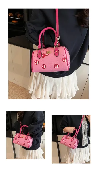 Design Cherry Print Boston Bag Pink Handbag - 13