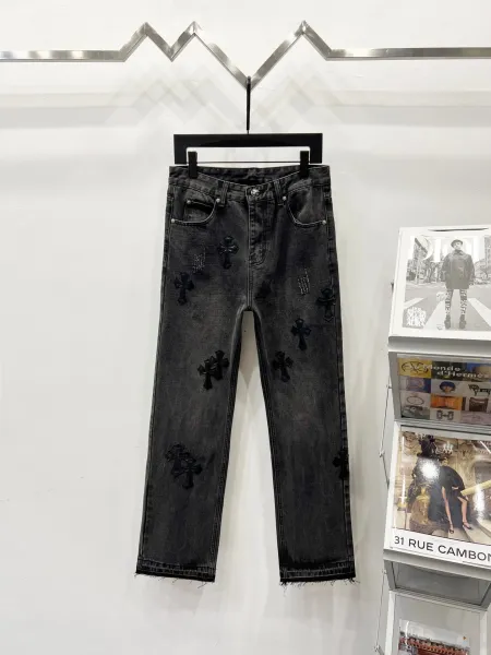 Chrome Hearts Pink Cross Embroidered Black Straight-Leg Jeans - 11