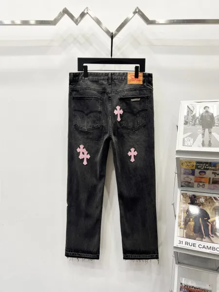 Chrome Hearts Pink Cross Embroidered Black Straight-Leg Jeans - 18