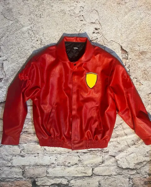 Ferrari Shield Logo Red Leather Bomber Jacket - 1