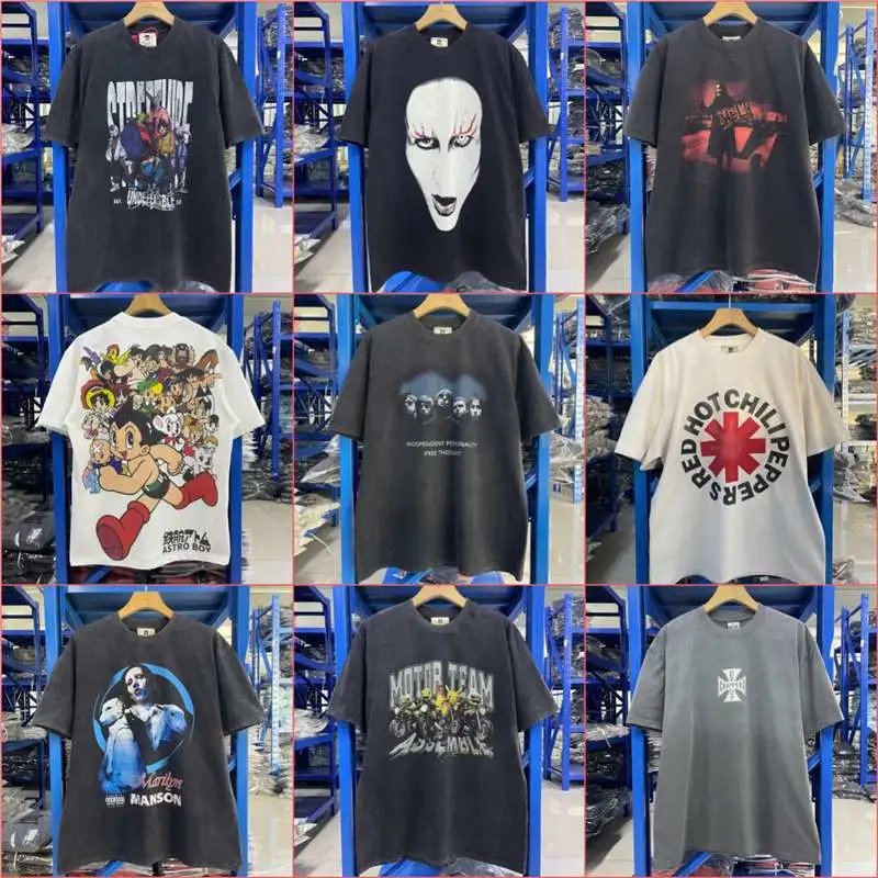 跨境夏季新款Vintage水洗复古卡通图形休闲oversize男女同款T恤潮：findsindex.com