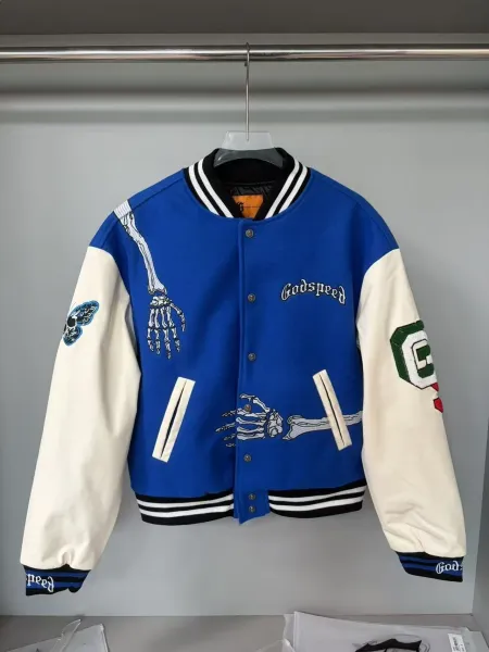 Godspeed Varsity Jacket Blue and Cream with Skeleton Embroidery Outerwear.jacket - 1