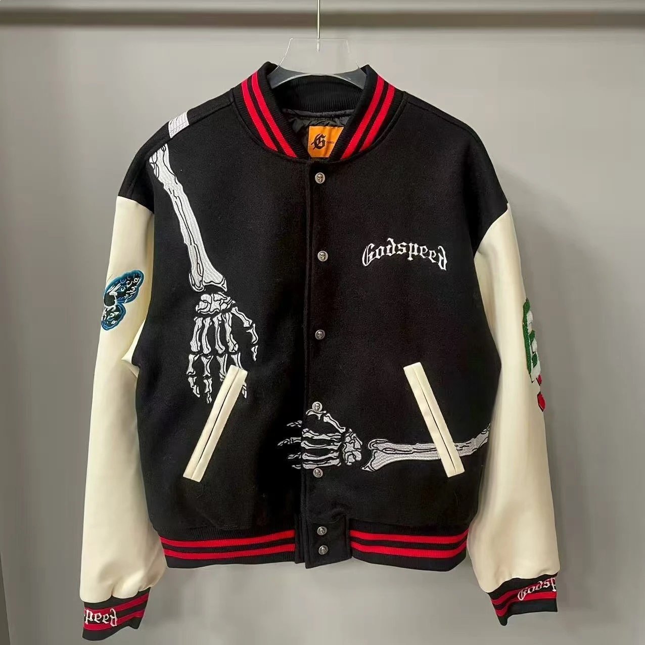 Godspeed Varsity Jacket Black and Cream Embroidered Letterman Jacket Outerwear Jacket - 7