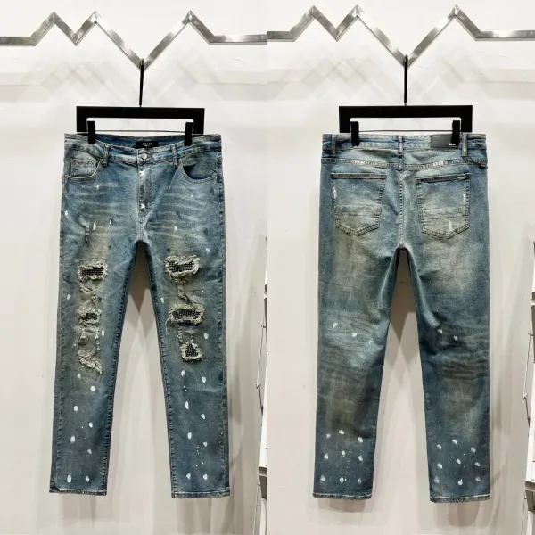 Amiri Distressed Paint-Splatter Slim Fit Jeans Blue - 1