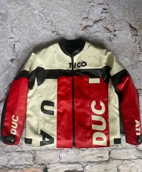 Design Ducati Tico Racing Leather Jacket Beige Red Black Leather Jacket - 1