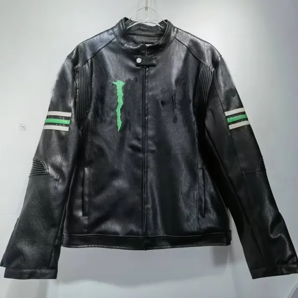 Design Monster Energy x Unknown Brand Leather Motorcycle Jacket Black with Green Logo Leather Jacket - 1