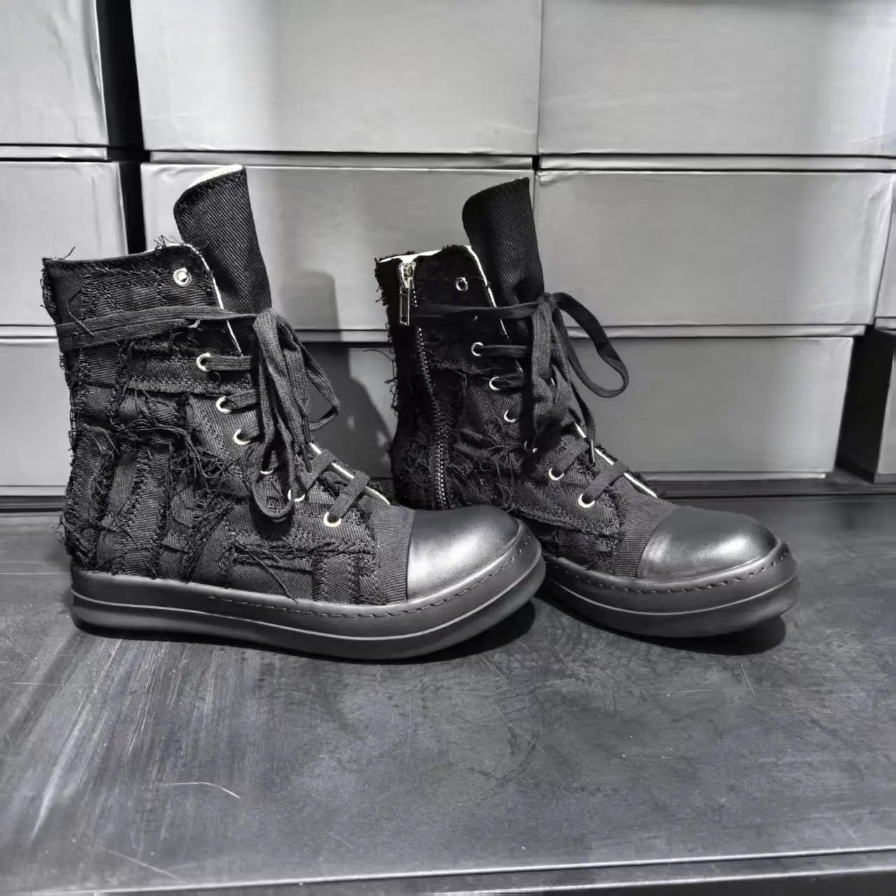 Rick Owens DRKSHDW Deconstructed Canvas High-Top Boots Black - 8