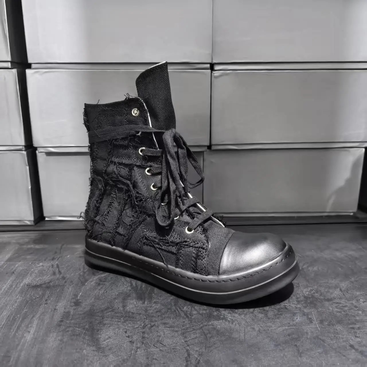 Rick Owens DRKSHDW Deconstructed Canvas High-Top Boots Black - 13