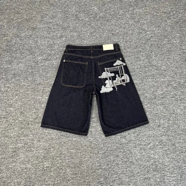 Design Denim Shorts with Embroidered Motif Black Shorts - 10