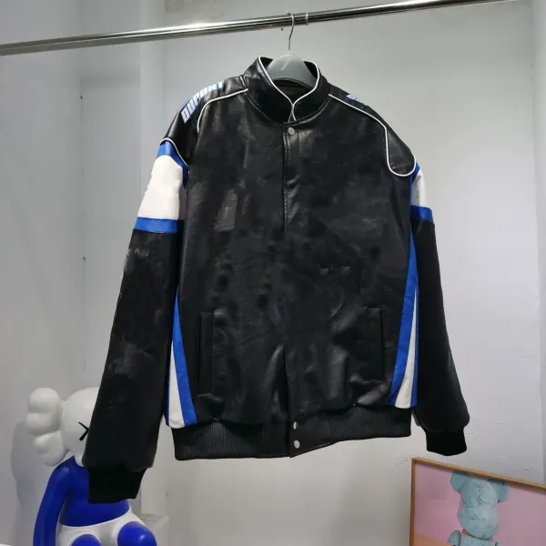 Design Racing Stripe Leather Bomber Jacket Black / Blue / White - 1