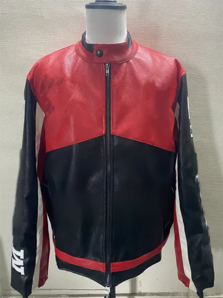 Design Racing-Style Leather Jacket Red Black White - 1