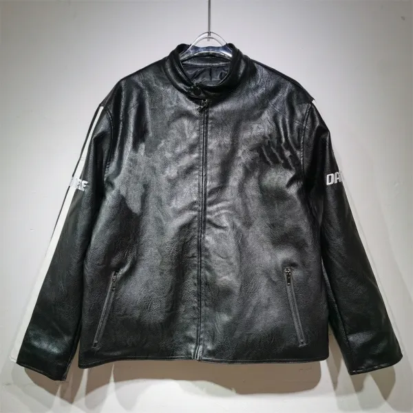 Design Leather Biker Jacket with White Stripe and Sleeve Logo Black Leather Jacket - 1