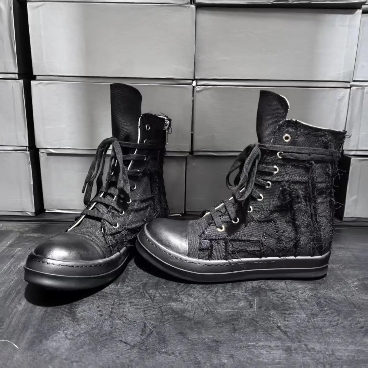 Rick Owens DRKSHDW Deconstructed Canvas High-Top Boots Black - 5