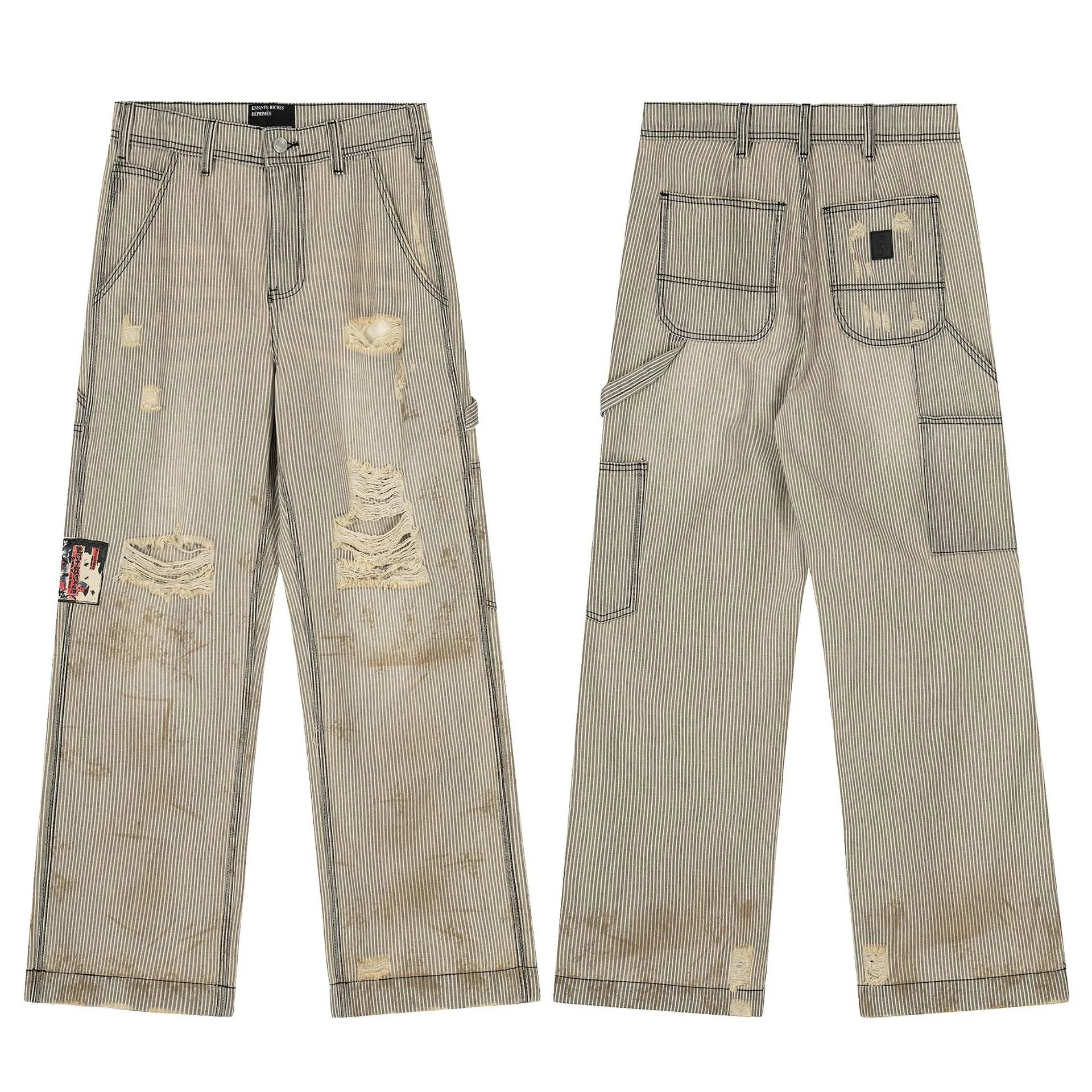 Enfants Riches Déprimés Distressed Stripe Workwear Pants Beige