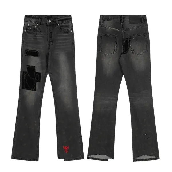 Design Distressed Patchwork Flared Jeans Black - 1