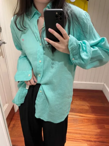 Design Linen Shirt Mint Green Oversized Button-Up Shirt Tops Shirt - 1