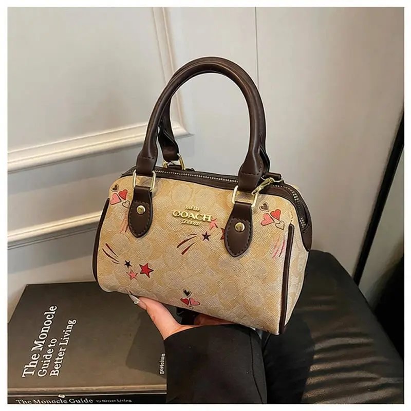 Coach Boston Bag with Heart and Star Print Beige Handbag